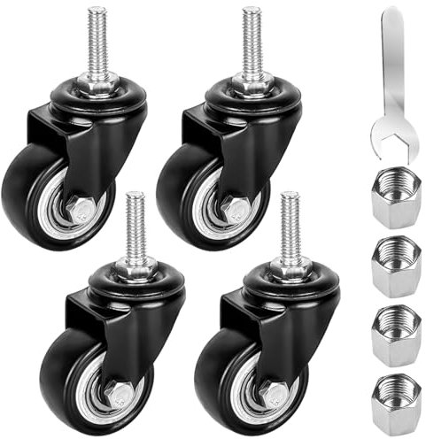 Ruedas para Muebles M8 x 25 mm - 4 Giratorias sin Frenos, Goma de Rotación 360 Grados con Tornillos Fijos - 35 kg, 40 mm