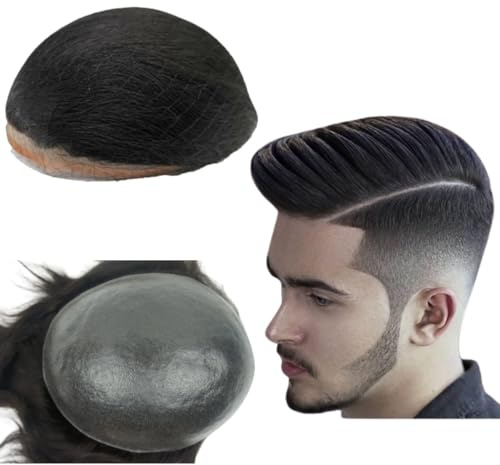 PU Haut Toupee für Männer 10x8 Haarteile Menschliches Haar Ersatz System 0.04mm Dünne Haut Haar Prothese Patch Units Implant (#1 Jet Black)