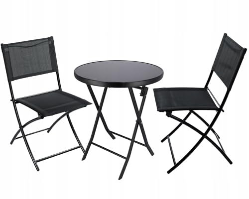 JUMI Balkonset - 2 Klappstühle mit Textilene-Stoff + Rund Gartentisch, Kompaktes Gartenset, Praktische Stühle für den Balkon, Glastisch, Wetterfest, Metall, Schwarz
