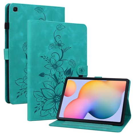 Rosbtib Coque Samsung Galaxy Tab S6 Lite 10.4 2024/2022/2020 SM-P610/ P613/ P615/ P619/ P625/ P627, Multi-Angles Housse de Protection en Similicuir avec Porte-Carte Couverture Motif Lys, Vert
