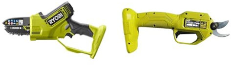 RYOBI - Élagueur à main 18V - Brushless/moteur sans charbons - guide 10 cm - 6 m/s & Sécateur Électrique 18V One+ - Lames Bypass Chromées en Acier Carbone Japonais SK5