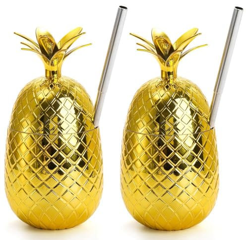 Tagtight 2 Pack Ananas Cocktailbecher Mit Strohhalm, 450 Ml Ananas Becher, Moskau Mule Becher, Kaffeebecher, Hawaii Ananas Trinkbecher Für Bar, Weihnachten, Strandparty, Luau-Partybecher