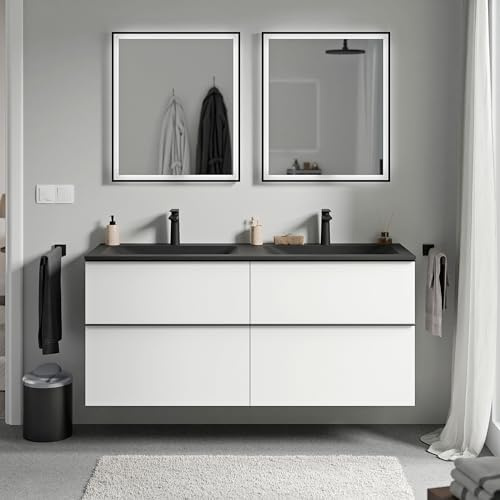 Bernstein Badmöbel-Set Lavoa, Waschtisch-Unterschrank mit Waschbecken 120cm in Weiß matt - Cream - Schwarz matt mit Hahnloch - 2 Schubladen, Griffe in Schwarz, vormontiert, 5 Jahre Garantie