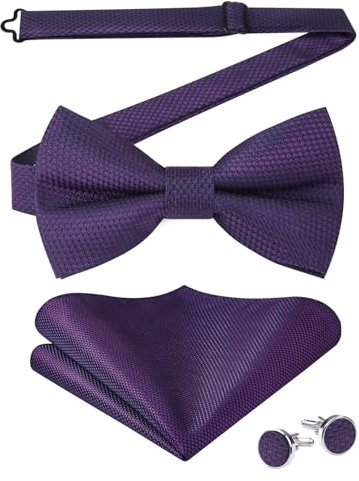 Enlision Fliege Herren Lila Einfarbig Fliegen und Einstecktuch mit Manschettenknöpfe Set Vorgebundene Hochzeit Party Fliegen mit Haken