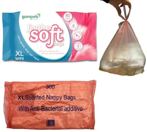 Extra Large Wet Wipes for Adults 30x20cms (80pk) 300 Extra Large Incontinence Nappy Disposal Bags | Soft Body Cleansing Wipes for Incontinence Care with Aloe Vera & Vitamin E | 300 Nappy Bags Included
