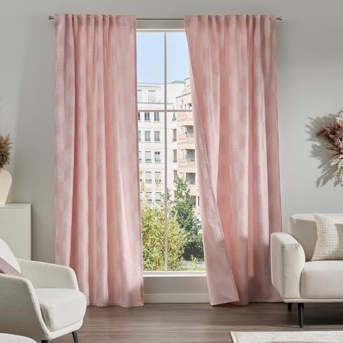 Como Gardinen 2er Set Vorhänge Rosa Jacquard 245 x 140 cm - Blickdichte, leicht abdunkelnde Schlaufenschals aus Polyester für Wohnzimmer, Kinderzimmer, Schlafzimmer, Büro