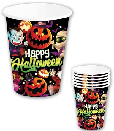 FIESTAS GUIRCA | 6 Bicchieri Monstrini Usa e Getta (240 ml) (9 cm) - Decorazione per Tavola per Feste di Halloween Spaventose - Ideali per Celebrazioni di Terrore - Multicolore