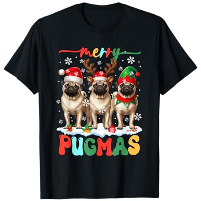Merry Pugmas Christmas Three Santa Reindeer Elf Pugs Owner T-Shirt