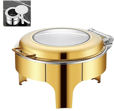 Chafing Dish Gold Piano di Cottura in Acciaio Inox, Scaldavivande Riscaldato ad Alcool con Coperchio di Visualizzazione per Alberghi, Ristoranti, Hotel