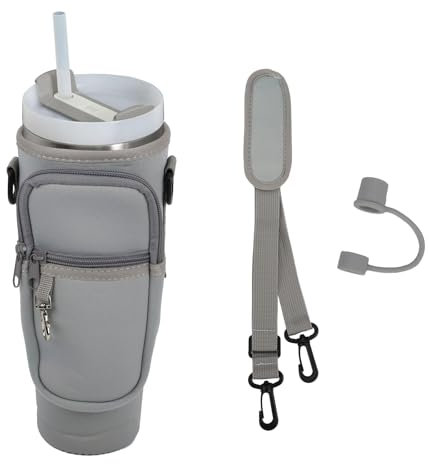 Sahunfri Bottle Bag for Stanley Cup 40oz, Water Bottle Holder fits Stanley Cup with Silicone Straw Cover, Adjustable Strap, Phone Pocket, Accessories for Stanley Cup for Walking, Travel (Grey)
