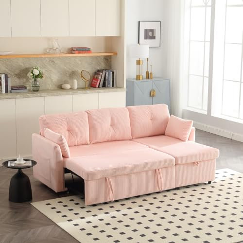 Dolamaní 3er-Sofa L Form with Storage Seats, Schlafsofa Sectional Couch mit Schlaffunktion und Bettkasten (Rosa, Samt)