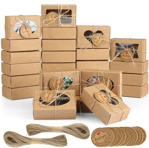 28 Stück Kraftpapier Box mit Sichtfenster, Keksschachtel Pralinenschachteln mit Etiketten und Schnur, Kleine Schachteln für Keks, Schmuck, Seifen, Weihnachten, Valentinstag (9x6x3cm)