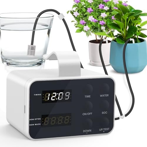 PlayDen Riego automático para interiores, sistema de riego recargable para 15 plantas, temporizador de agua programable, juego de riego por goteo para vacaciones para plantas de interior y balcón