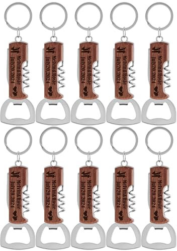 10pièces Décapsuleur en bois de rose multifonctionnel personnalisé pour les fêtes de mariage, cadeaux de mariage pour les invités, porte-clés décapsuleur gravé.