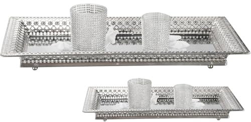 Dekorative Tabletts, Spiegeltablett, Tablett, Dekotablett Make up Organizer, Kerzentablett, Schmuckspiegel, Kosmetikspiegel - Metall/Spiegel - Geschenkidee (2er Set Emily Silber)