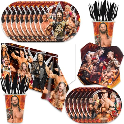 141 x Wrestling-Geburtstagsparty-Zubehör umfasst 17,8 cm Teller, 22,9 cm Teller, Tischdecke, Gabeln, Kinfes, Schwämme, Servietten, Tassen für die Wrestling-Party-Dekoration