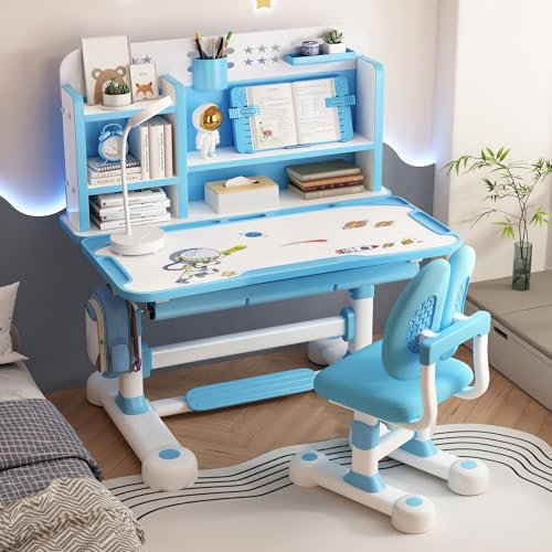 KASNLSAC Schreibtischstuhl Kinder, Kinderschreibtisch Höhenverstellbar mit Sitzkorrektor, Ergonomischer Schreibtischstuhl mit Buchständer, Fußpedal, Trennwand Blau