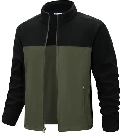 33,000ft Men's Fleece Jackets Full Zip Lightweight Winter Jackets Windproof Warm Ski Jacket Stand Collar Thermal Coat for Hiking Running Cycling Black/Olive Green 2XL