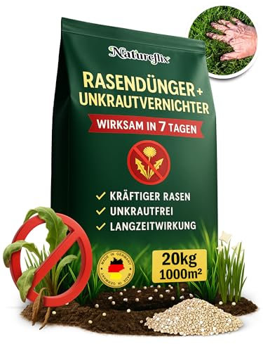 Natureflix Rasendünger mit Unkrautvernichter extra stark | 20kg für 1000m² | 2-in-1 | Der Rasenunkrautvernichter vernichtet Klee, Löwenzahn & mehr | für dichten, grünen Rasen im Frühjahr & Sommer
