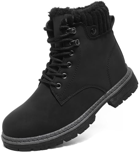 VTASQ Walking Boots Womens Winter Ankle Waterproof Fur Lined Leather Walking Lace Up Zipper Lightweight Outdoor Ladies Warm Shoes Non Slip Mid Calfs Black-1 7UK