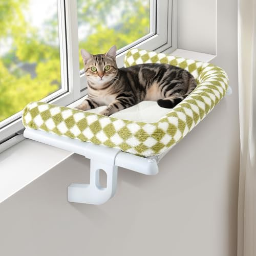 Sunhoo Cat Window Perch Hammock Sturdy Windowsill Bed Seat for Large Cats No Drilling No Suction Adjustable Kitty Shelf with Washable Cover Easy Assembly Holds up to 40 lbs 24.2 * 15 in (Green, L)