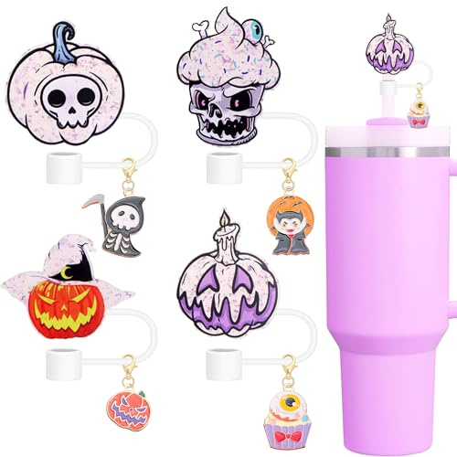 Halloween Straw Toppers Set, White Ghost Straw Covers Cap with Clip-on Skull Charms for 30oz 40 0z Stanley Tumblers, Dust-Proof Reusable CupTips Lids for Halloween Gifts