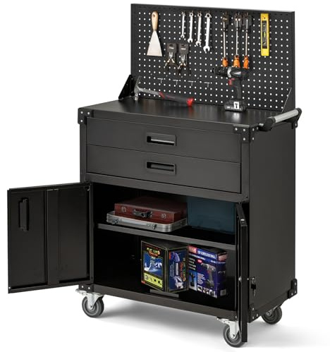 YODOLLA 132cm Heavy Duty Garage Workbench with Pegboard & Drawers - Lockable Tool Storage on Wheels