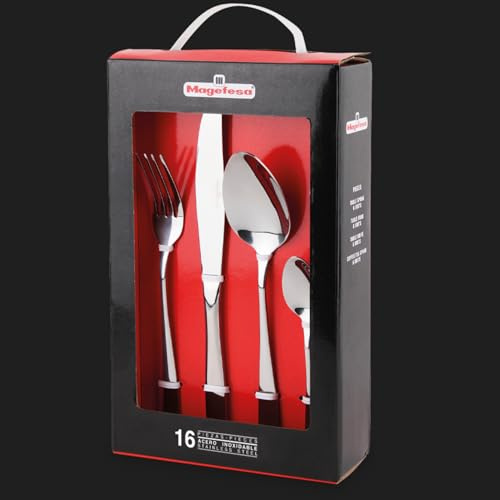 MAGEFESA IRIA Cubertería de 16 Cubiertos para 4 Comensales Fabricada en Acero Inoxidable, Tenedores, Cucharas, Cucharillas y Cuchillos de Mesa