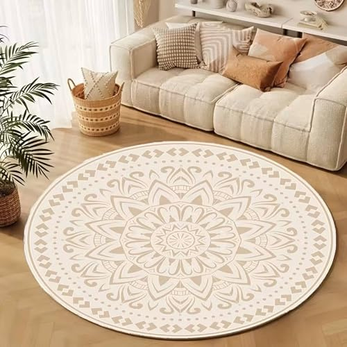 SOJAWA Boho Mandala Runder Teppich Beige Skandinavisch Wabi Sabi Design, Waschbar Antirutsch Teppich für Wohnzimmer Schlafzimmer Yoga, Dekorativer Rundteppich Beige 60cm Runde