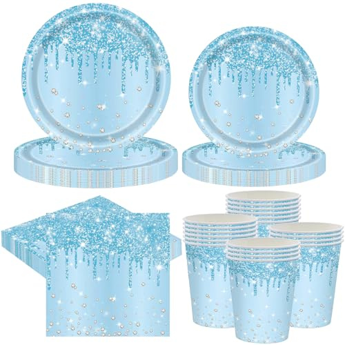 80 Pcs Blue Diamond Party Tableware Set, Blue Paper Plates Cups and Napkins for 20 Guests, Sparkling Birthday Party Supplies for Boys Girls, Baby Shower Wedding Table Decorations