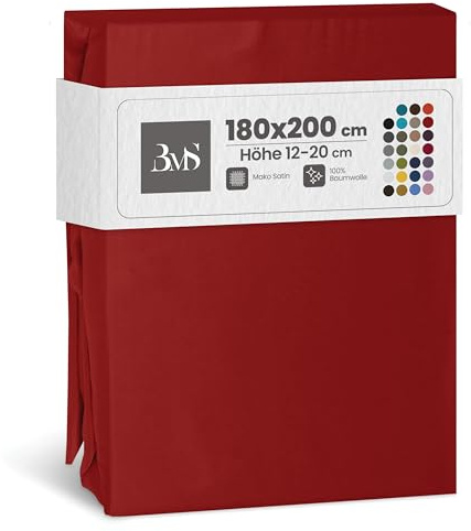 Bettwaesche-mit-Stil Mako Satin Spannbettlaken Spannlaken Spannbetttuch (180 cm x 200 cm, Matratzenhöhe 12-20 cm, Rot)