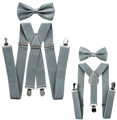 axy® Vater-Sohn Partnerlook Hosenträger mit Fliege Set für Herren-Damen-Kinder (Grau (Herren 3,5cm + Kinder Hosenträger Breit 2,5cm))