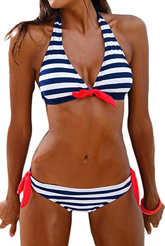 PANOZON Frauen Streifen Taillierte Badeanzug Split Damen Bademode Set Bikini(Small,Blau Weiss)