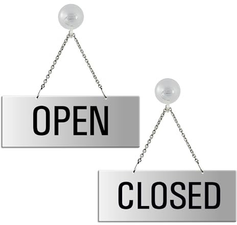 Hängeschild Open/Closed 175x65 mm Wendeschild aus Aluminium silber-matt eloxiert Text beidseitig Metallkette und Saugnapfhaken Nr.31201-ES