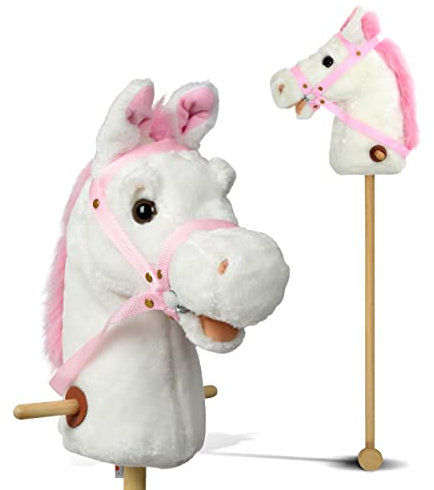 Pink Papaya Cheval bâton de la Marque, Lilly, Cheval Jouet Mignon en Peluche avec Fonction sonore: bruits de Galop et d'henissement - Couleur: Blanc avec crinière Rose