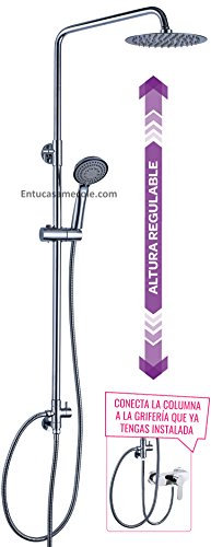 Columna de ducha SIN GRIFERÍA extralarga extensible de 100 a 150 cm. Se conecta a grifos de ducha estandar. Incluye desviador, 2 flexos de 60cm y 175cm, ducha de mano y rociador superior redondos