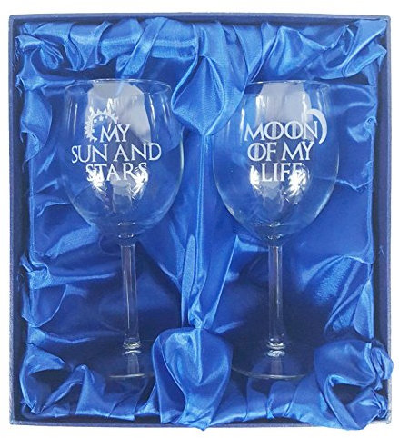Derwent Laser Crafts Game of Thrones Inspired My Sun and Stars, Moon of My Life Pair of Wine Glasses
