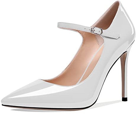 Soireelady Women's Mary Jane Strap Pumps |10cm Pointed Toe Stiletto | Court Shoes for Weeding Party Dress White EU37