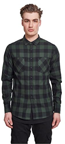 URBAN CLASSICS Camicia in Flanella a Maniche Lunghe da Uomo, Camicia Casual Lunga con Bottoni per Uomo, Vestibilità Regolare, Cotone Flanella, Colore: Nero/Verde, Taglia: 4XL
