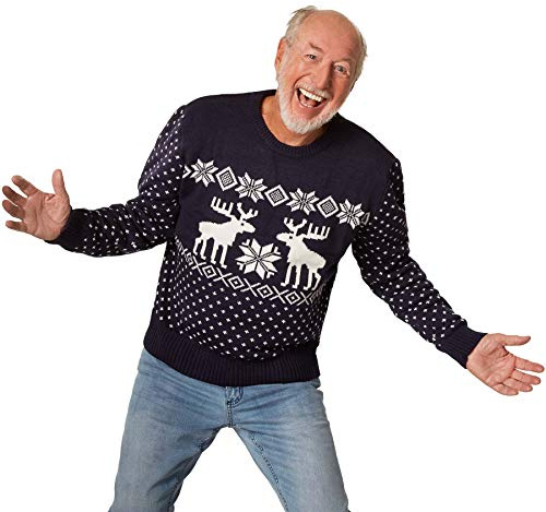dressforfun 900835 Männer Weihnachtspullover, Strickpullover mit Rentieren und Schneeflocken, blau weiß - Diverse Größen - (L | Nr. 303382)