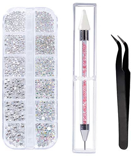 Strasssteine 6 Größen AB Crystal Nail Art Strasssteine und Clear Crystal Strasssteine mit Pick Up Pinzette und Strass Picker Dotting Pen für Nägel Gesicht Kleidung Handwerk 1440 Stücke