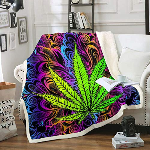 Homewish Mädchen Cannabis Blatt Sherpa Decke 220x240, Marihuana Gras Blatt Überwurfdecke Für Kinder Teenager Frauen, Botanische Hanf Plüsch Bettdecke Böhmische Trippy Vlies Flanell Decke, Lila Grün