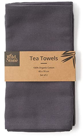 Wild & Stone | Organic Cotton Tea Towel | Herringbone Weave | Cotton Kitchen Towels | Set of 2 (Slate Grey)