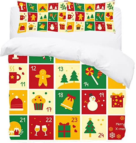 Weihnachts-Adventskalender Plaid Muster Bettwäsche Queen Bettbezug Set - Weiche Mikrofaser Bettbezug mit Kissenbezüge - Bettwäsche Quilt Cover Set