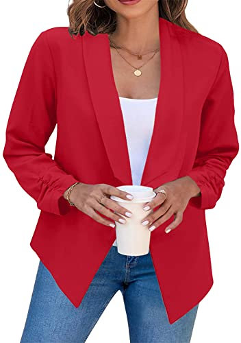 Yming Damen Slim Geschäft Blazer Kurz Anzug Jacke Formell Arbeits Blazer Leichter Langarm Jacke Rot L