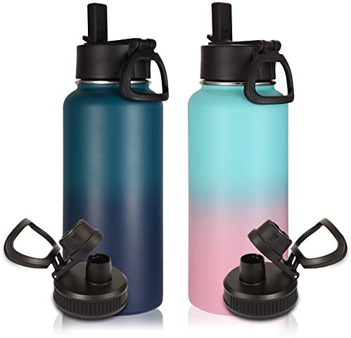 Volhoply 1 Litre Water Bottles Bulk 2 Pack with Straw Lid & Spout Lid,Insulated Sports Water Bottle,Double Wall Vacuum Stainless Steel Tumbler,Leak Proof Wide Mouth Metal Flask for Travel(Assorted,2)