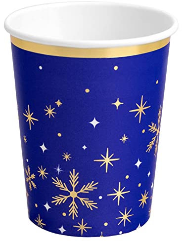 Lot de 6 verres jetables biodégradables en carton 270 cc pour Noël Bleu avec étoiles