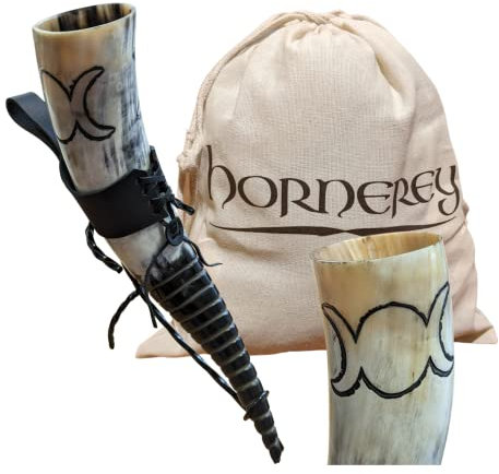 Trinkhorn Hexenhorn, 400 ml Wikinger Trinkhorn Set mit Ständer und Gürtelhalter, Methorn, LARP, Horn