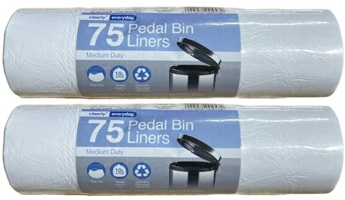 Clearly Pedal Bin Liners, 2 Rolls of 75 Bags (150 Total), 10L Flat Top Bin Liners for Home or Office