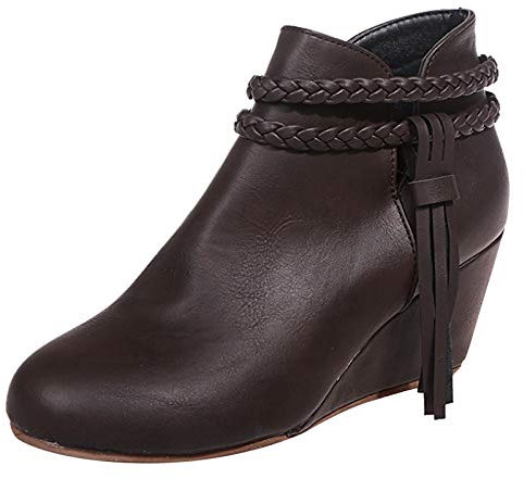 Retro Frauen Quassen-Keils Reißverschluss solide Kurze Booties Runde Zehen Schuhe Knobelbecher